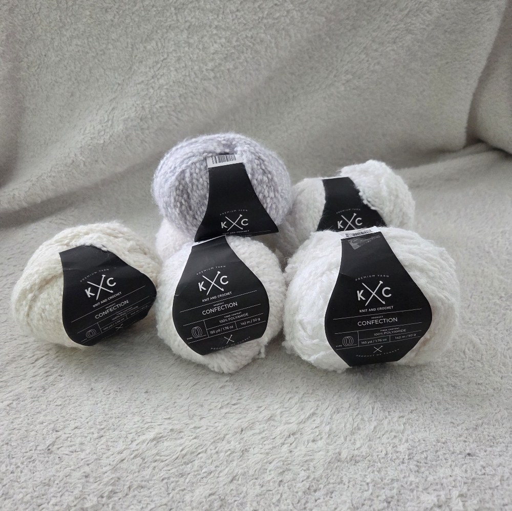 KC 100% Polyamide Confection Yarn 6 Balls 1.76 oz, 1 Grey, 1 Cream, 4 White